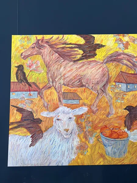 Зображення "Біля хати" від Соломія Ортинська, розмір: 130х90 см, матеріали: Олія на папері, пастель, олівці, медіум: Живопис, місто: Львів, серія: Про дім, ціна: $800 Фото 2 з 2.