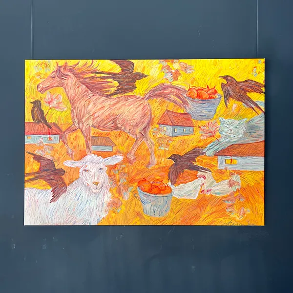 Зображення "Біля хати" від Соломія Ортинська, розмір: 130х90 см, матеріали: Олія на папері, пастель, олівці, медіум: Живопис, місто: Львів, серія: Про дім, ціна: $800