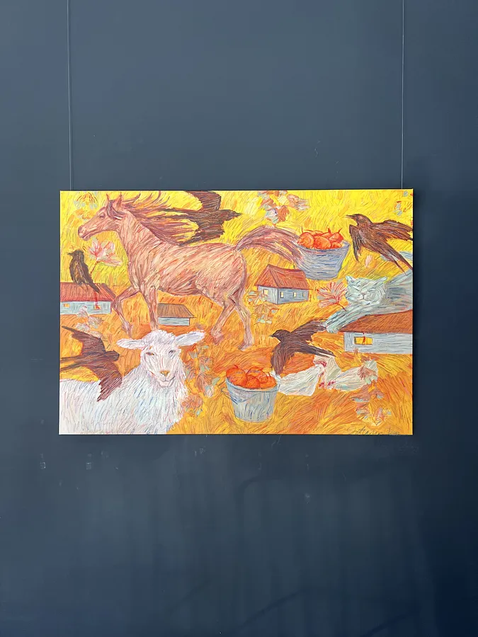 Зображення "Біля хати" від Соломія Ортинська, розмір: 130х90 см, матеріали: Олія на папері, пастель, олівці, медіум: Живопис, місто: Львів, серія: Про дім, ціна: $800 Фото 1 з 2.